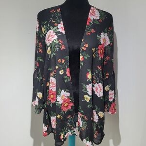 Torrid Womens Black Floral Chiffon Bell Sleeve Open Front Sheer Kimono 0/00 Boho